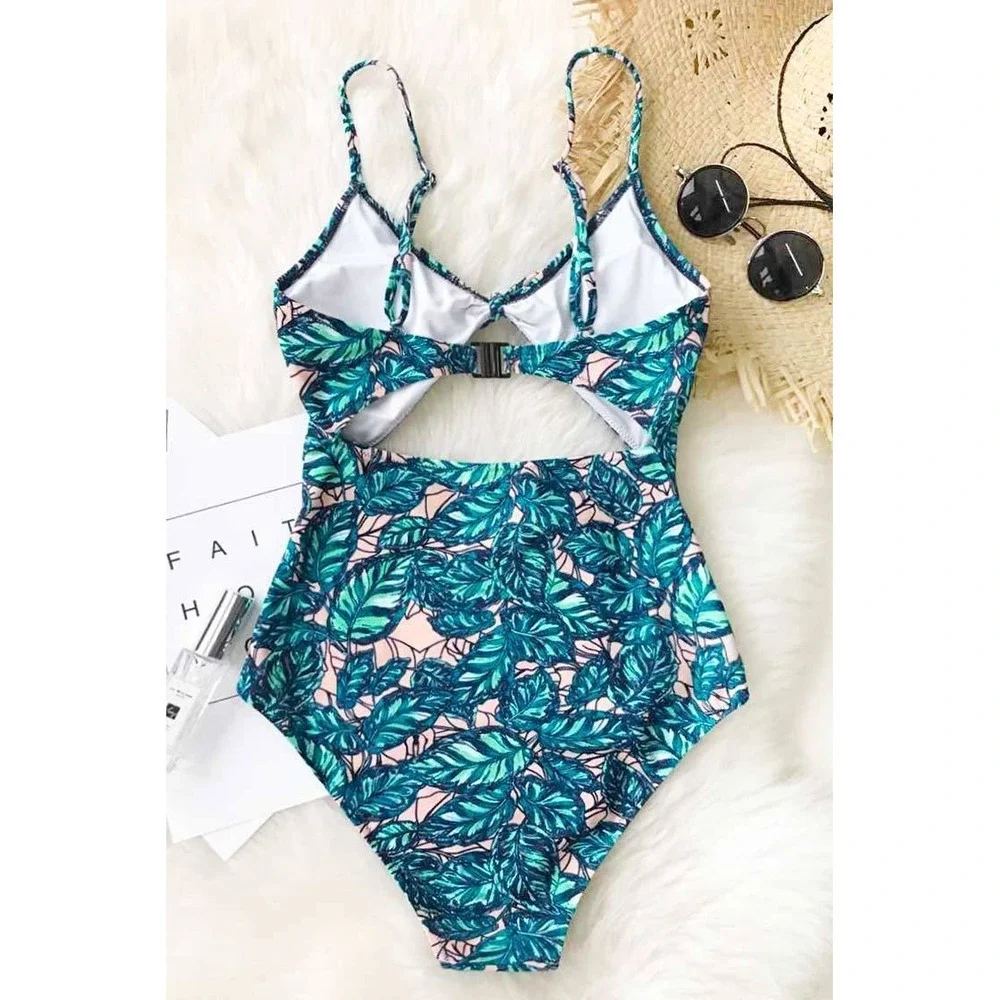Cupshe Tropical Leaf Print Cutout One Piece Swimsuit Green Peach‎ Floral M